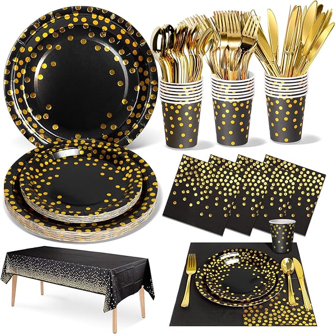 141 Pieces Black Gold Party Supplies, Party Dinnerware Sets Include Paper by Nkaiso