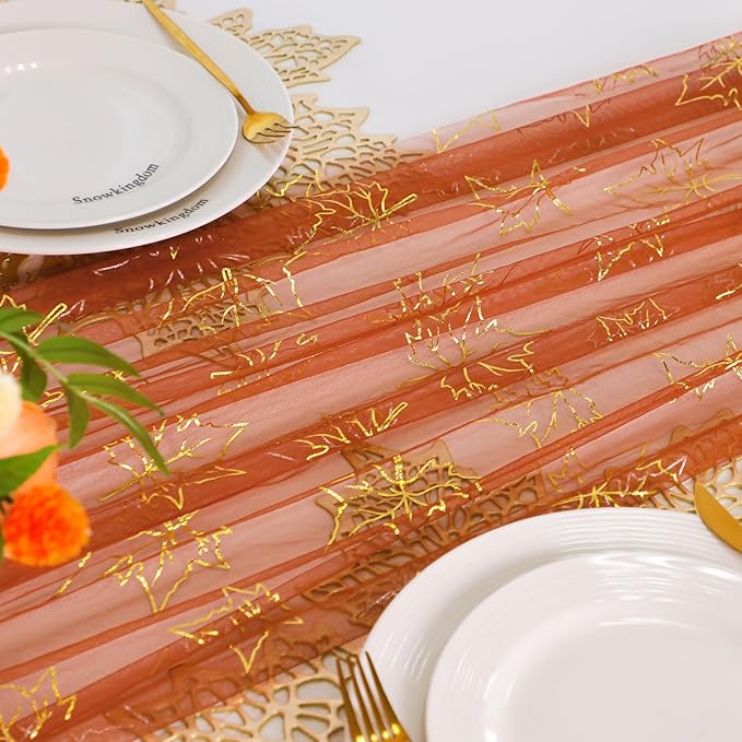 Snowkingdom Terracotta Gold Table Runner 10Ft, Fall Glitter Dining Table - Image 2