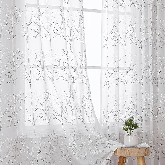 VISIONTEX Sheer Curtains 95 inch Length 2 Panels Set, Decorative Grey Coral by VISIONTEX
