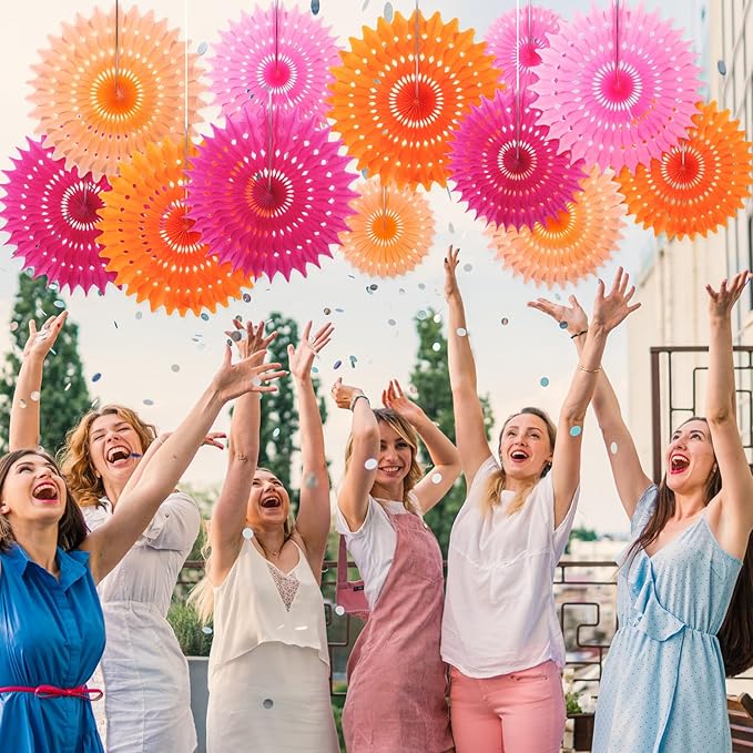 Outus 12 Pcs Hanging Honeycomb Paper Fans Sets, Fiesta Pink and Orange Party - Image 4