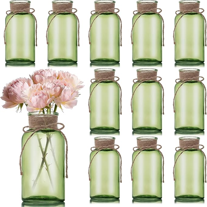 Green Glass Flower Vases for Centerpieces Set of 12, Mason Jars Boho Cylinder by Unknown