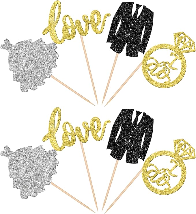 24 PCS Wedding Cupcake Toppers Glitter Bride and Groom Cupcake Picks Love I Do - Image 2