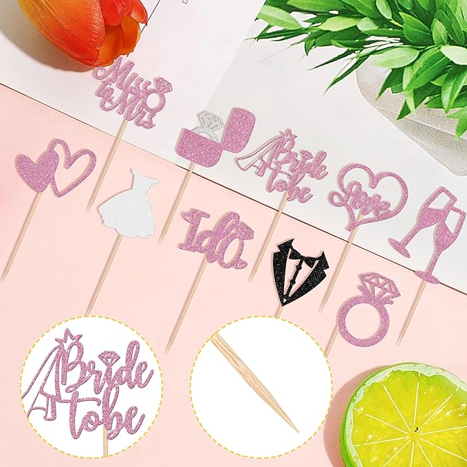 30 PCS Bride to Be Cupcake Toppers Glitter Miss to Mrs I Do Love Heart Ring - Image 3