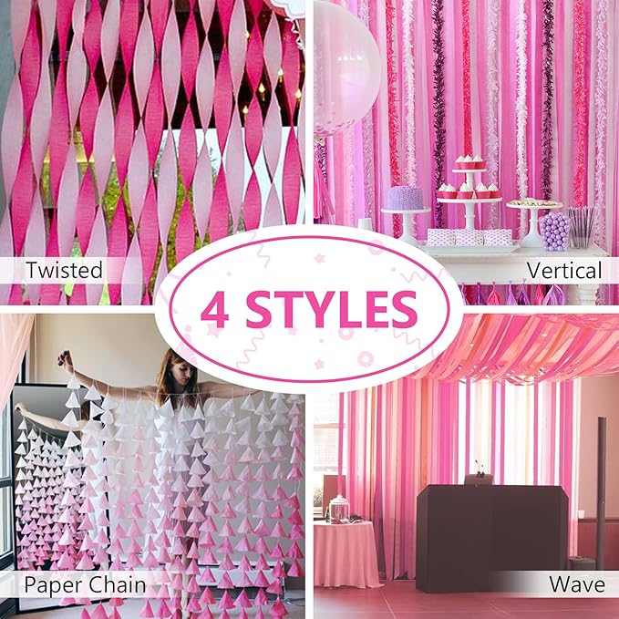 PartyWoo Crepe Paper Streamers 4 Rolls 328ft, Pack of Hot Pink and Pink Crepe - Image 6