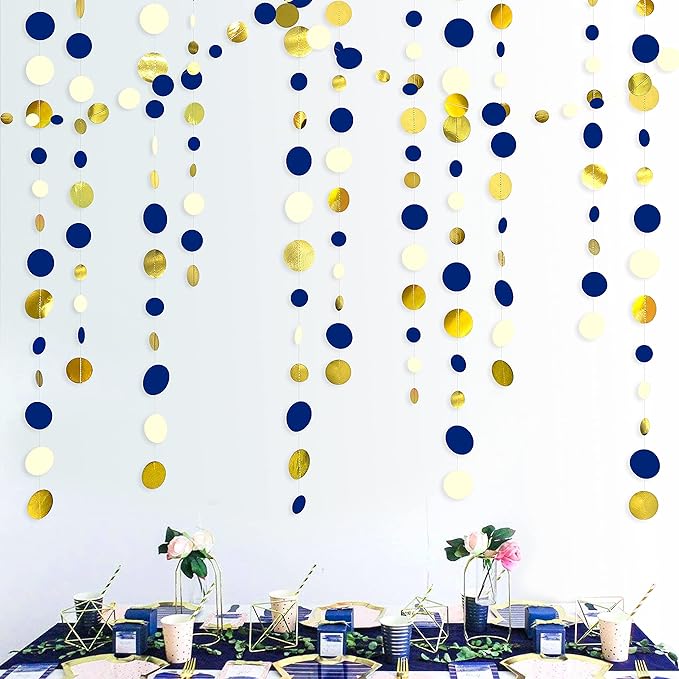 46 Ft Navy Blue and Gold Circle Dots Garland Royal Blue Hanging Paper Polka Dot by pinkblume