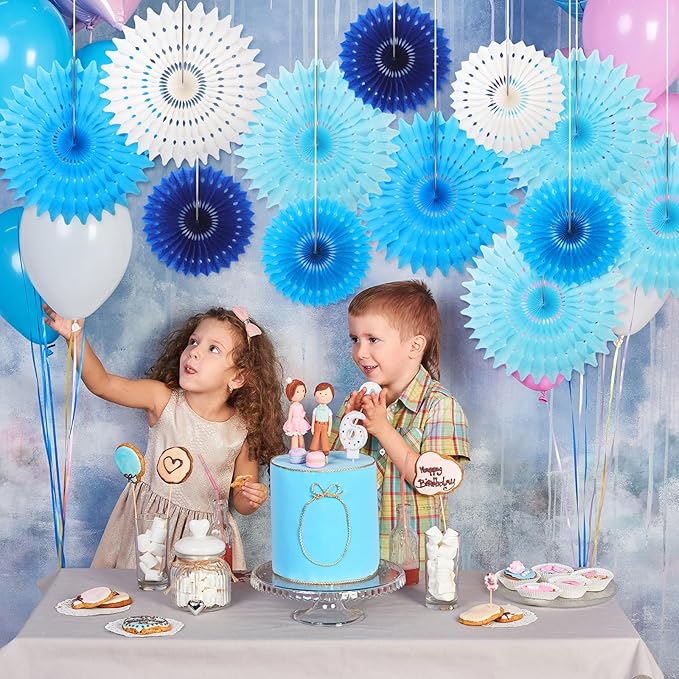 Outus 12 Pcs Hanging Honeycomb Paper Fans Sets, Fiesta Blue and White Party - Image 5