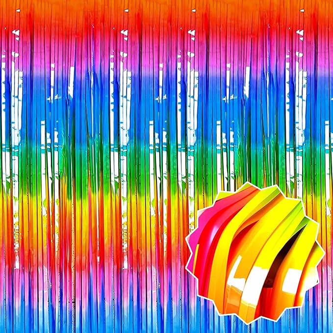 6 Pack Dark Rainbow Foil Fringe Curtains Backdrop, 3.28 x 8.2 Ft Metallic by LANTIANCHEN