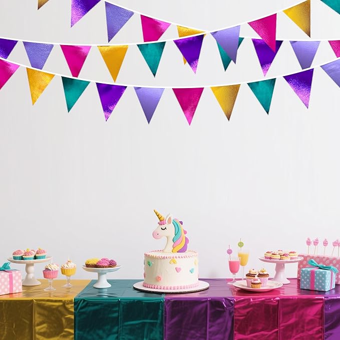 Colorful Party Decorations Hot Pink Teal Purple Metallic Fabric Triangle - Image 5