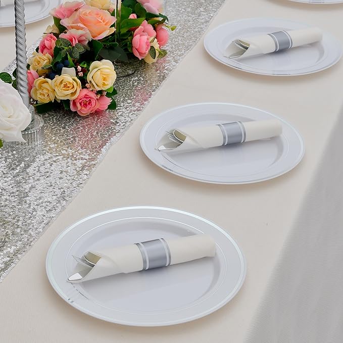 100 Pack Pre Rolled Silver Plastic Silverware Set - Image 7