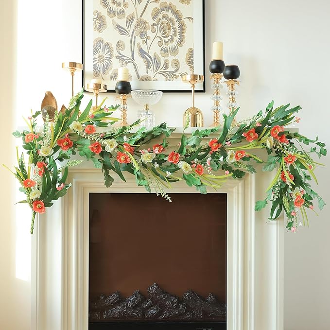 Mizii Red Artificial Flower Garland 6FT Fake Poppy Floral Garland Hanging Vines - Image 3