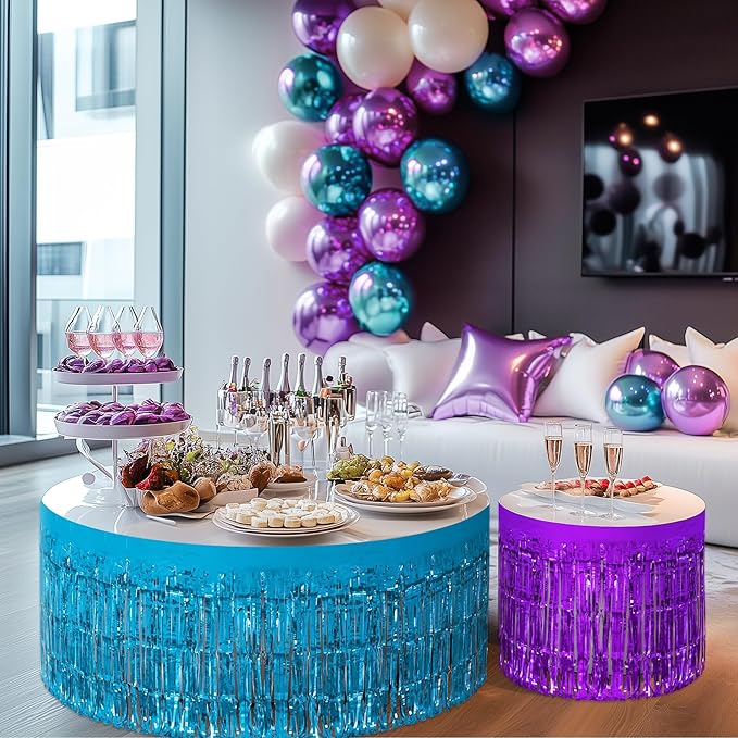 4 Pack Blue Purple Series Table Skirts, 29x108" Metallic Foil Tinsel Fringe - Image 9