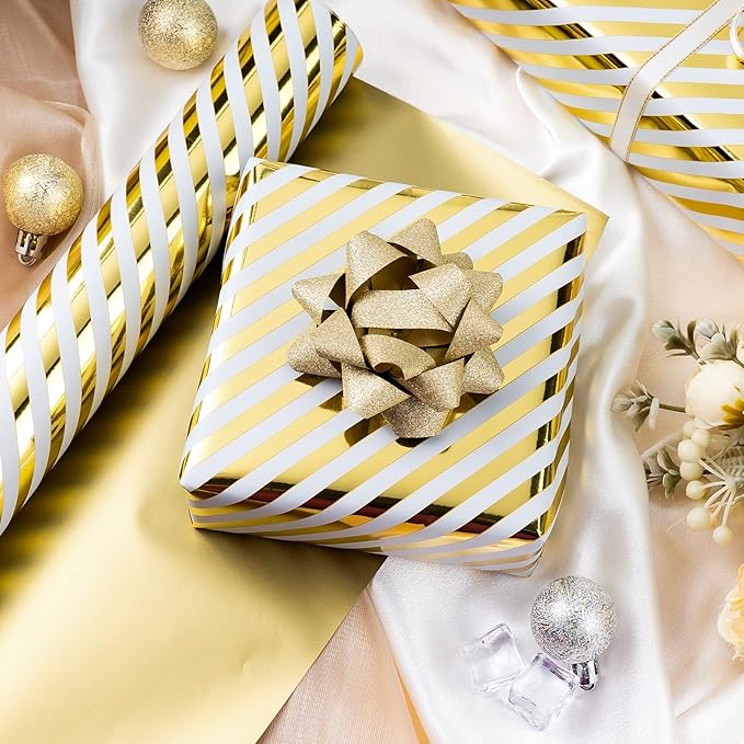 Burymento Platinum Stripe Wrapping Paper, Reversible Gold Gift Wrap - Image 3