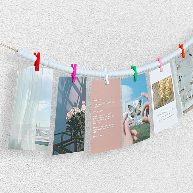 Hanging Photo Display with Clips, Boho Wooden Bead Garland Collage Picture - Image 4