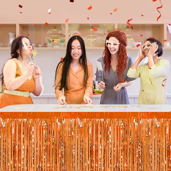 3 Pack 29 x108 Inch Orange Foil Fringe Table Skirts Metallic Banner - Image 4