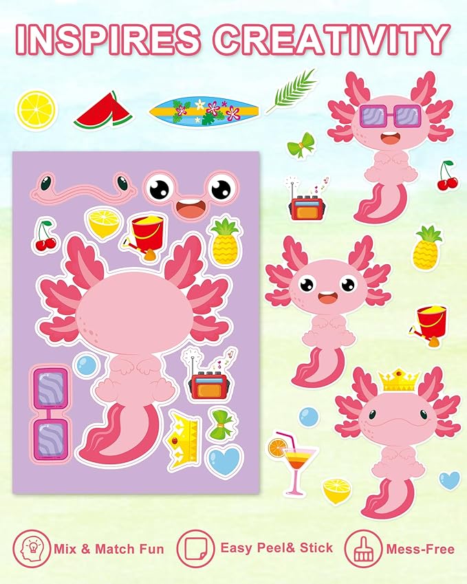 Aowplc 32 Sheets Axolotl Make-a-Face Stickers Mix 'n Match Crafts - Image 4