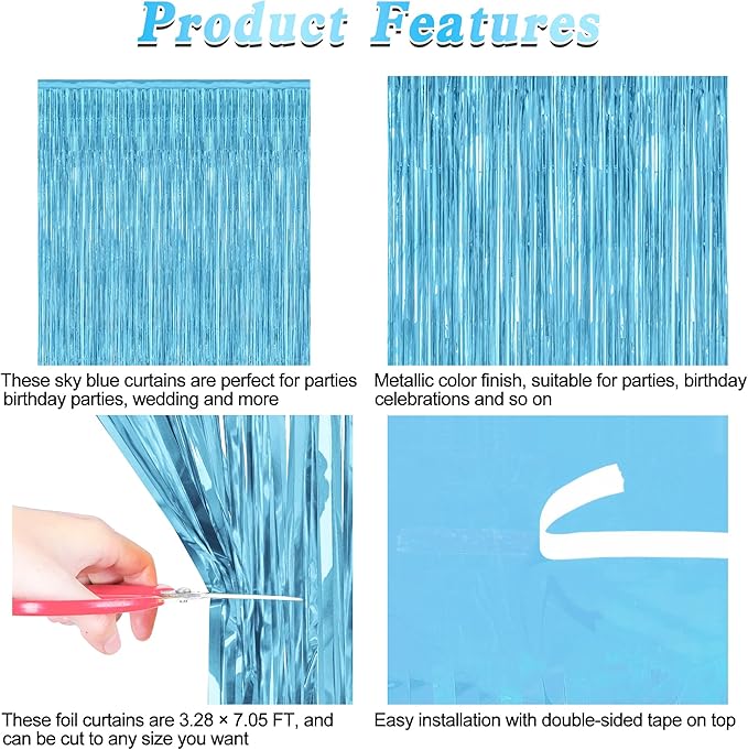 2 Pack Backdrop Curtains, 3.28 Feet x 7.05 Feet Sky Blue Tinsel Backdrop - Image 4