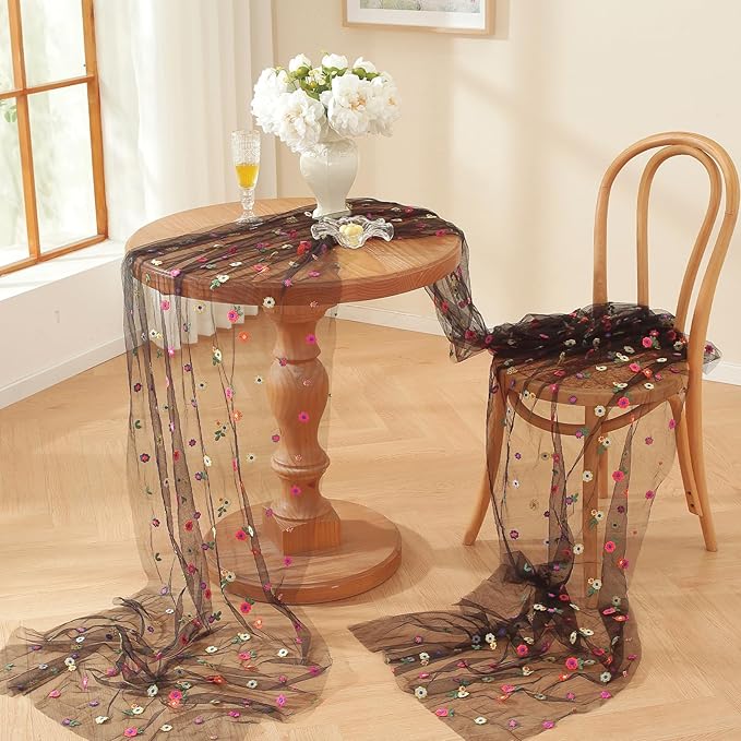 Black Embroidery Daisy Fall Table Runner 120Inch 10FT Florals Soft Sheer Tulle - Image 2