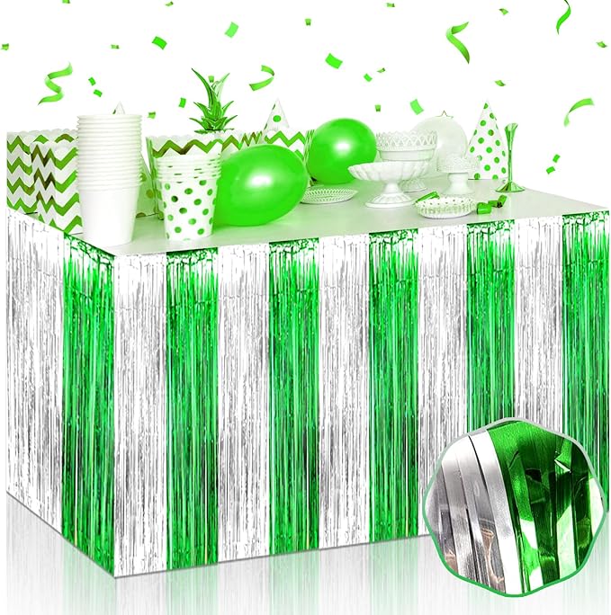 3 Pack 29 x108 Inch Silver Green Foil Fringe Table Skirts Metallic Banner by Mebiornt