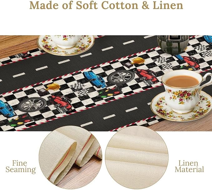 Race Car Table Runner, Checkered Flag Black and White Race Cars Pattern Print - Image 3