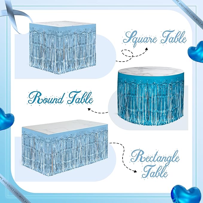 2 Pack Light Blue Lake Blue Table Skirts, 29x108" Metallic Foil Tinsel Fringe - Image 4
