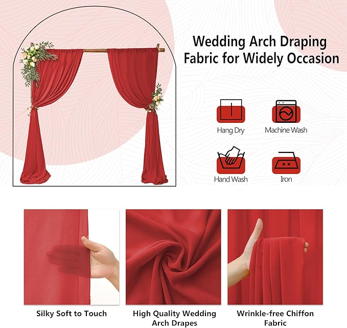 6 Panels Red Wedding Arch Drapery 28" x 20Ft Wedding Arch Draping Fabric - Image 3