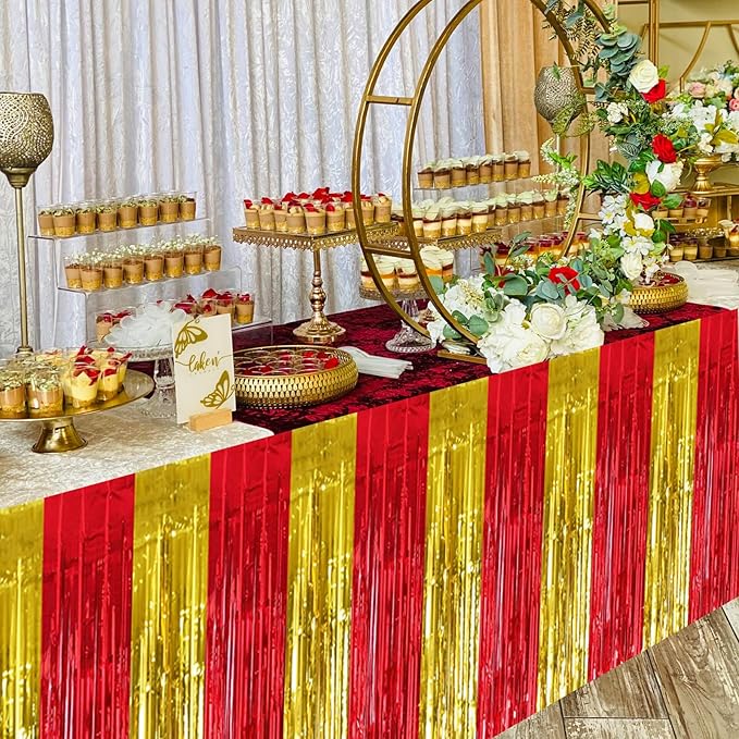 BEISHIDA 2 Pack Red Gold Table Skirts Party Decorations Metallic Tinsel Foil - Image 6