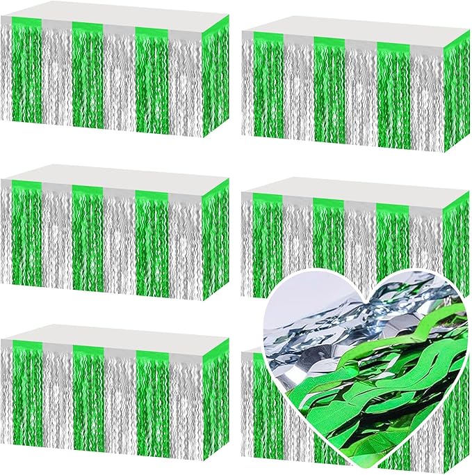 6 Pack 29x108 Inch Silver Green Wave Foil Fringe Table Skirts Metallic Banner by Mebiornt