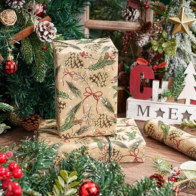 RUSPEPA Kraft Christmas Wrapping Paper Roll, Mini Roll, Pinecone and Greenery - Image 3
