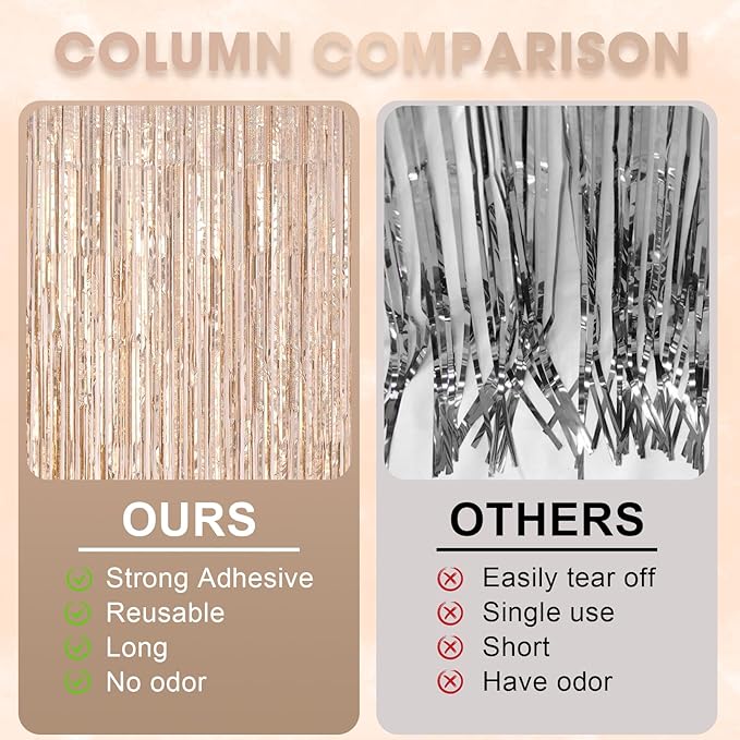 2 Pack Laser Champagne Foil Fringe Backdrop Curtains, Tinsel Streamers Birthday - Image 5
