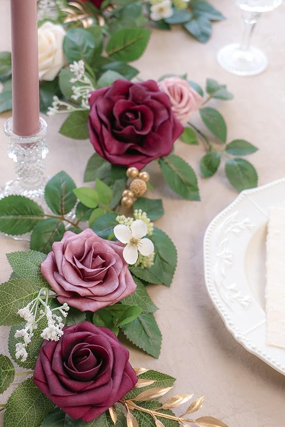PONATIA 5FT Handcrafted Burgundy Artificial Rose Garland, Dusty Rose Flowers - Image 4