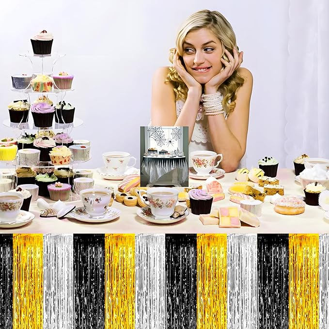 3 Pack 29 x108 Inch Black Gold Silver Foil Fringe Table Skirts Metallic Banner - Image 5