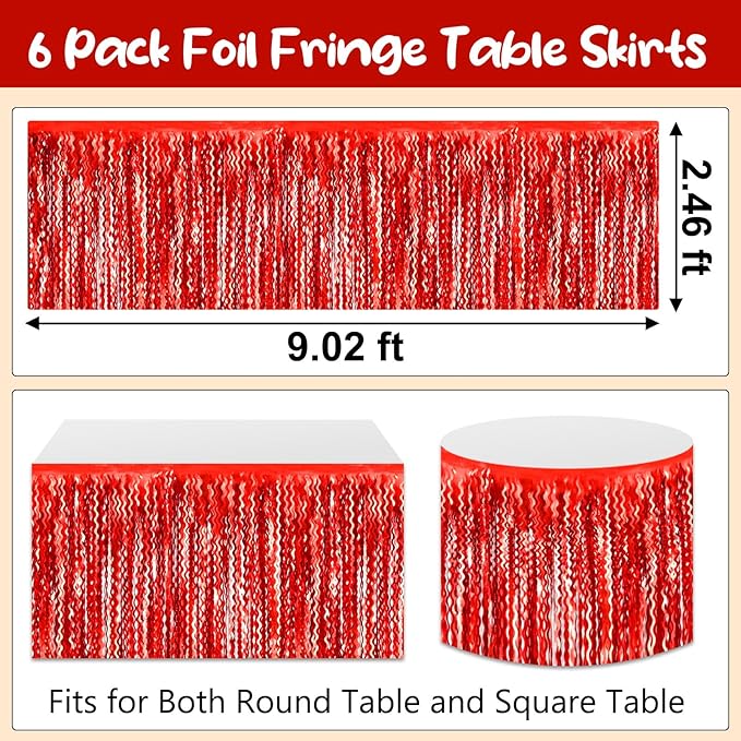 6 Pack 29 x108 Inch Red Wave Foil Fringe Table Skirts Metallic Banner - Image 2
