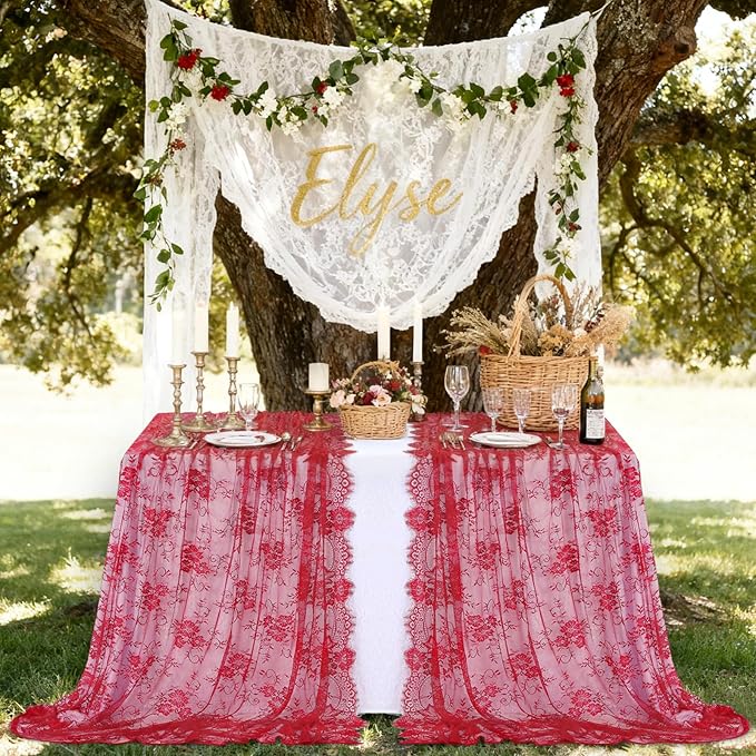 LuoluoHouse Red Tablecloth Christmas Lace Table Fabric 2pcs 60x120 Inch - Image 2