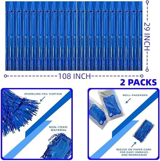 Blue Streamers Party Decorations, 2 Packs Blue Table Skirts Metallic Foil - Image 2