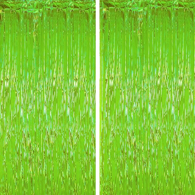 2 Pack Green Iridescent Tinsel Foil Fringe Curtains, Neon Party Decorations by Voircoloria
