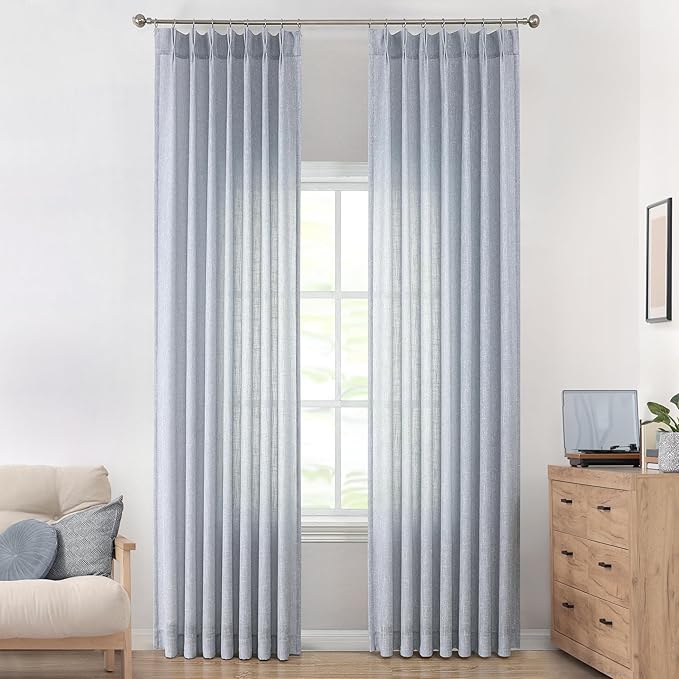 Vision Home Blue Pinch Pleated Semi Sheer Curtains Textured Light Filtering by VisionHome