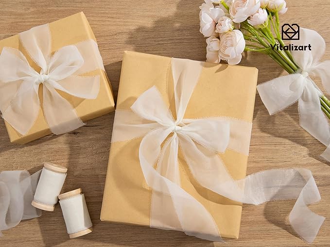 Vitalizart White Organza Ribbon Frayed Sheer Organza 1.5" Silk Like Ribbons - Image 5