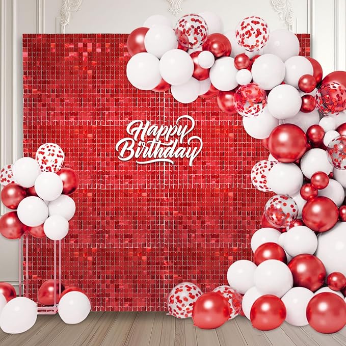 24PCS Red Shimmer Wall Backdrop, Square Sequin Backdrops Panel, Glitter Wall by ZEBMOON