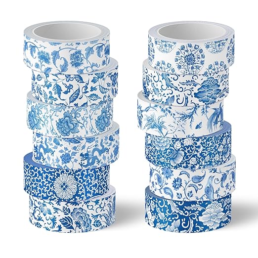 Whaline 12 Rolls Blue Floral Washi Tape Chinoiserie Flower Washi Tape Vintage by Whaline