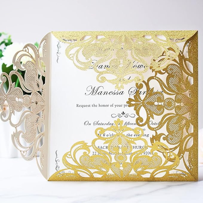 Hosmsua 6.3 x 6.3 Inch 50PCS Gold Glitter Laser Cut Wedding invitation Cards - Image 3