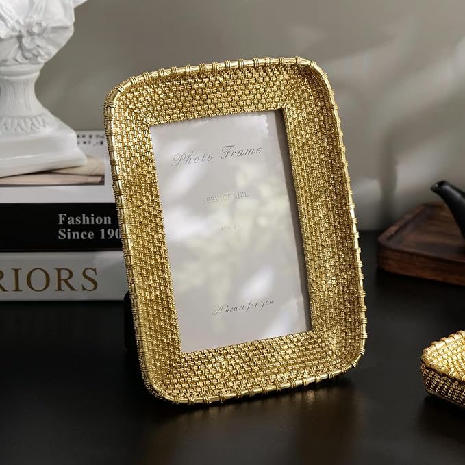 Cuspin 4x6 Picture Frame Vintage Gold Metal Rattan Textured Hand-Crafted Photo - Image 8