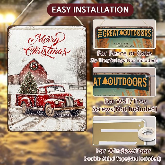 Vintage Christmas Red Truck Tin Sign Merry Christmas Truck Christmas Tree Metal - Image 3