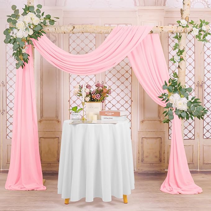 Wedding Arch Draping Fabric, 4 Panels 28" x20ft Pink Sheer Chiffon Curtain - Image 4