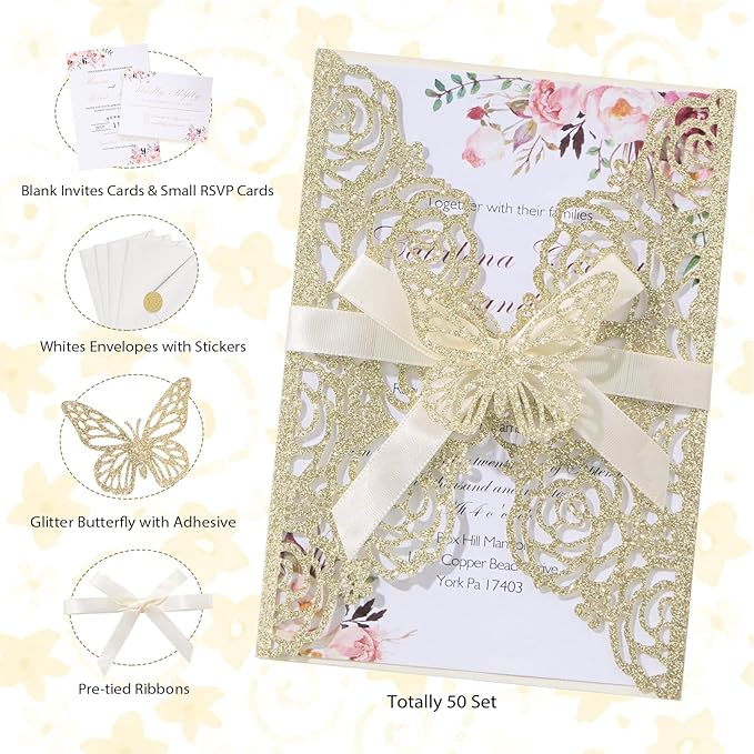 50PCS Gold Glitter Laser Cut Wedding Invitation - Image 2