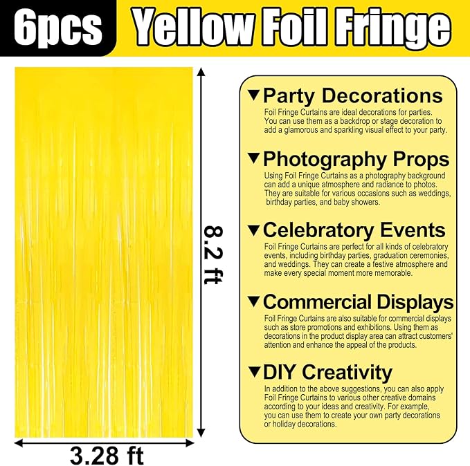 6 Pack Yellow Foil Fringe Curtain Backdrop, 3.28Ft x 8.2Ft Metallic Tinsel Foil - Image 2