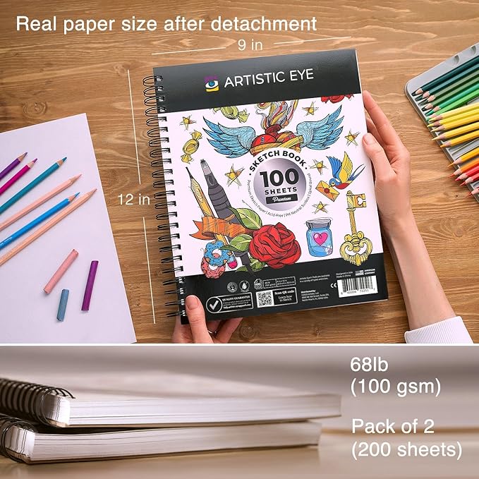 ARTISTIC EYE 9x12 Premium Sketch Book Set, 100 Sheets, Spiral Bound, Acid-Free - Image 2