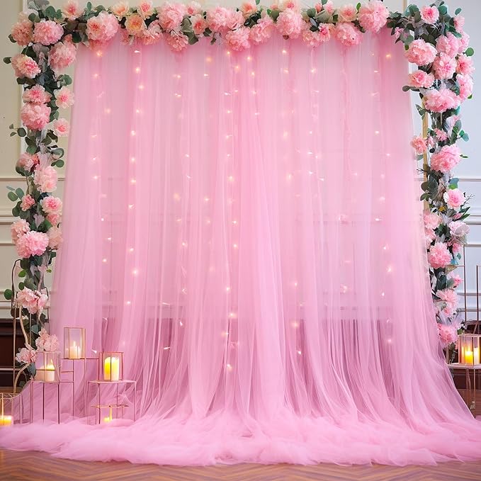 Pink Backdrop Curtains with Lights String by Suppromo