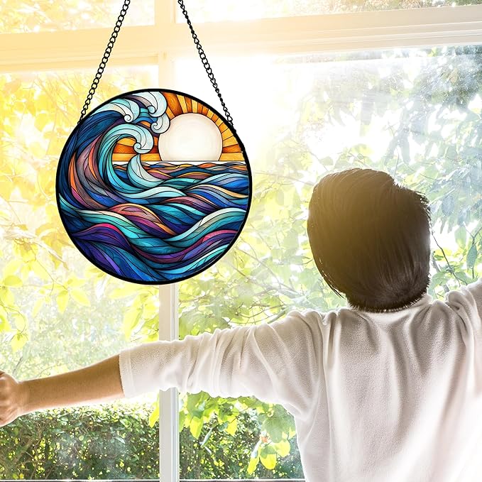 Stained Glass Window Hanging, Big Wave Sun Suncatcher Diamond Glass Panel - Image 4
