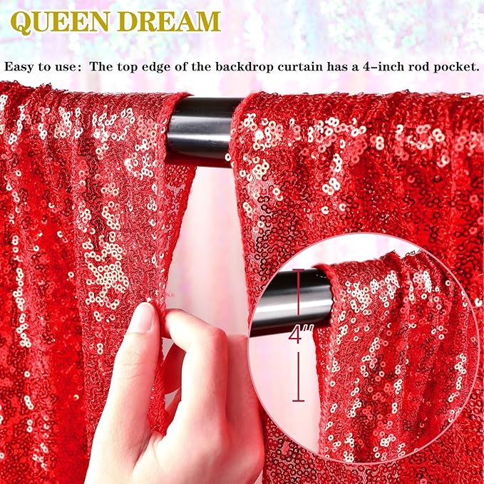 QueenDream Red Sequin Backdrop 2 Panels 2FTx8FT Christmas Party Backdrop - Image 4