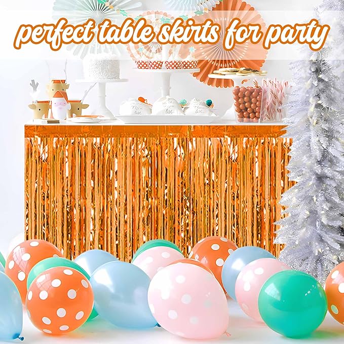 3 Pack Orange Foil Fringe Table Skirts Metallic Tinsel Streamers Garland Banner - Image 7